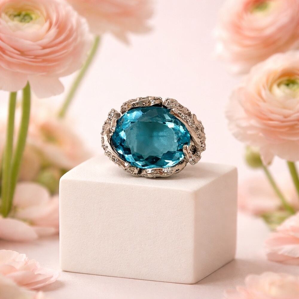 13.20 CT Aquamarine  & Natural White Sapphire Sterling Silver Ring Size 6.75